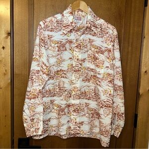Cimone Graphic Hawaiian Long Sleeve Button‎ Shirt Mens Sz XL Vintage *Flaw